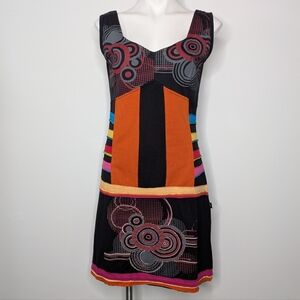 Leopards & Roses Black Red Orange Abstract Mixed Pattern V Neck Cotton Dress M